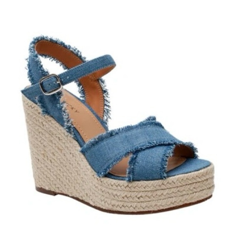 Blue Espadrille Platform Wedge Sandals with Adjustable Strap